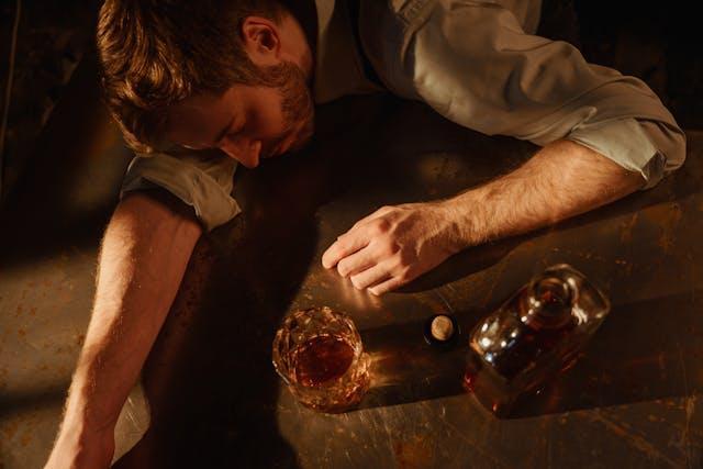 A man lying next to a liquor bottle